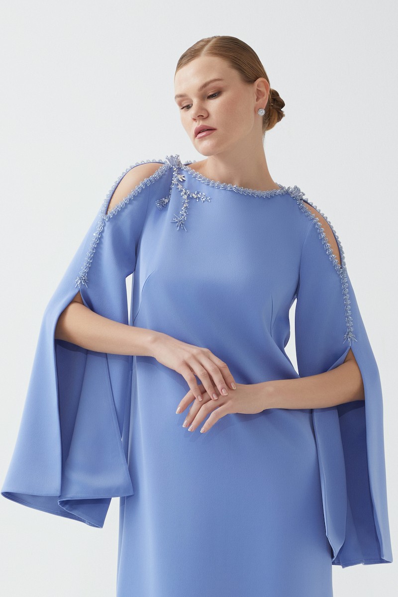 R82 - Ruffled Sleeves, Shoulder and Arm Cut-Outs, Boat Neckline, Hand-Embroidered Details, Loose Fit, Full-Length Dress