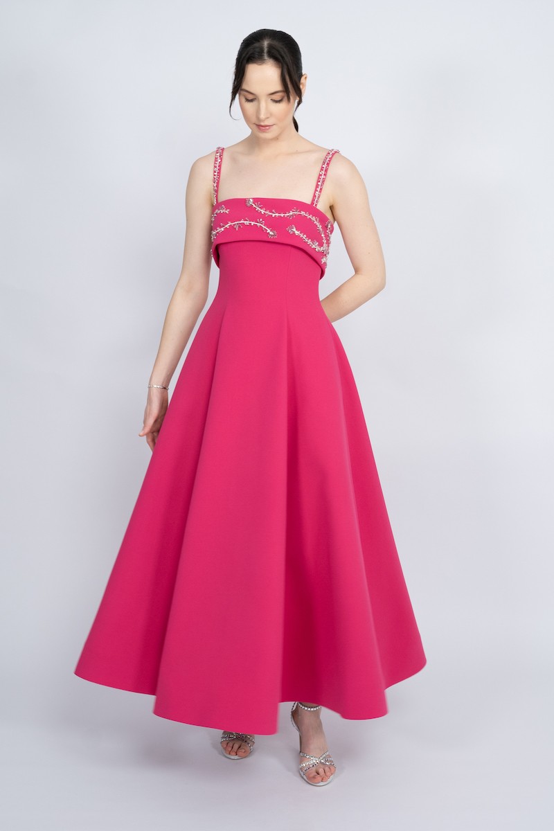 R56 - Strap Shoulder, Strapless Neckline, Bust and Straps Embellished, Hidden Pocket, Flared Cut , Maxi Dress