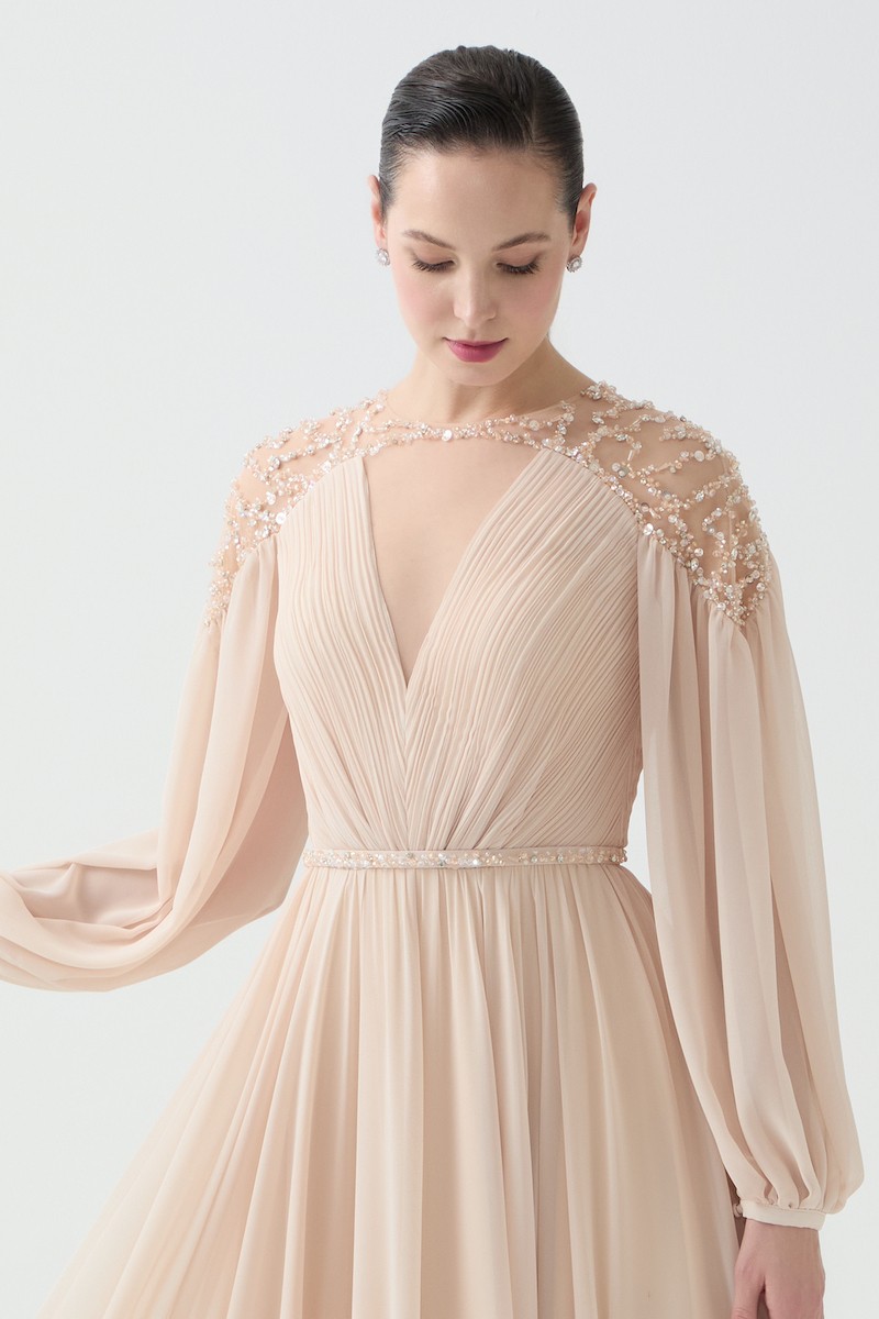 R92 - V-Neckline, Sheer Hand-Embroidered Shoulders, Chiffon Princess Sleeves, Wrinkled Pleats, Gathered Waist, Removable Hand-Embroidered Belt, Flared Cut, Full-Length Dress