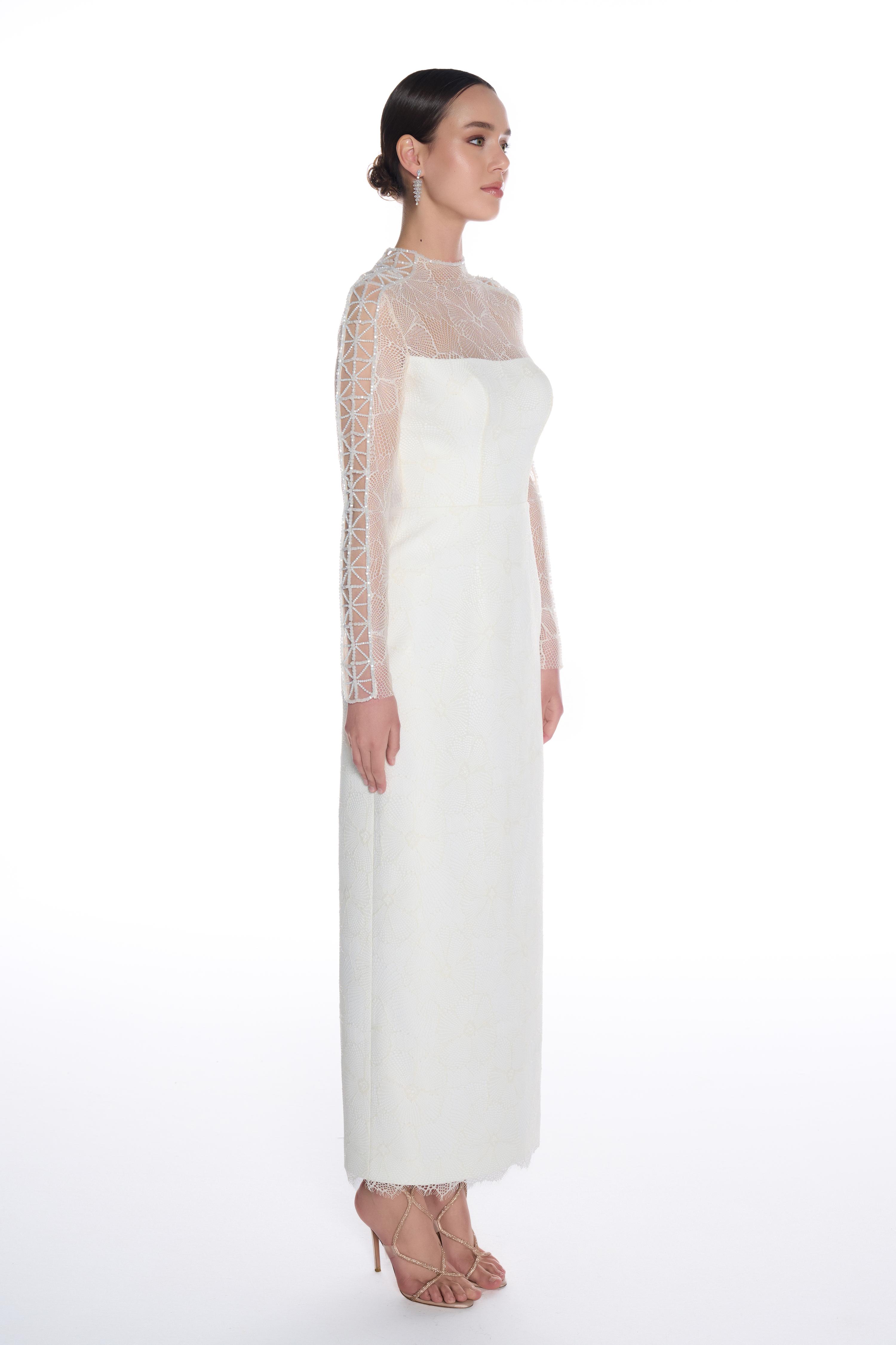 R06 - High Neckline, Crystal Stone Hand-Embroidery Detail on Shoulders, Full Lace, Back Slit, Long Pencil Dress