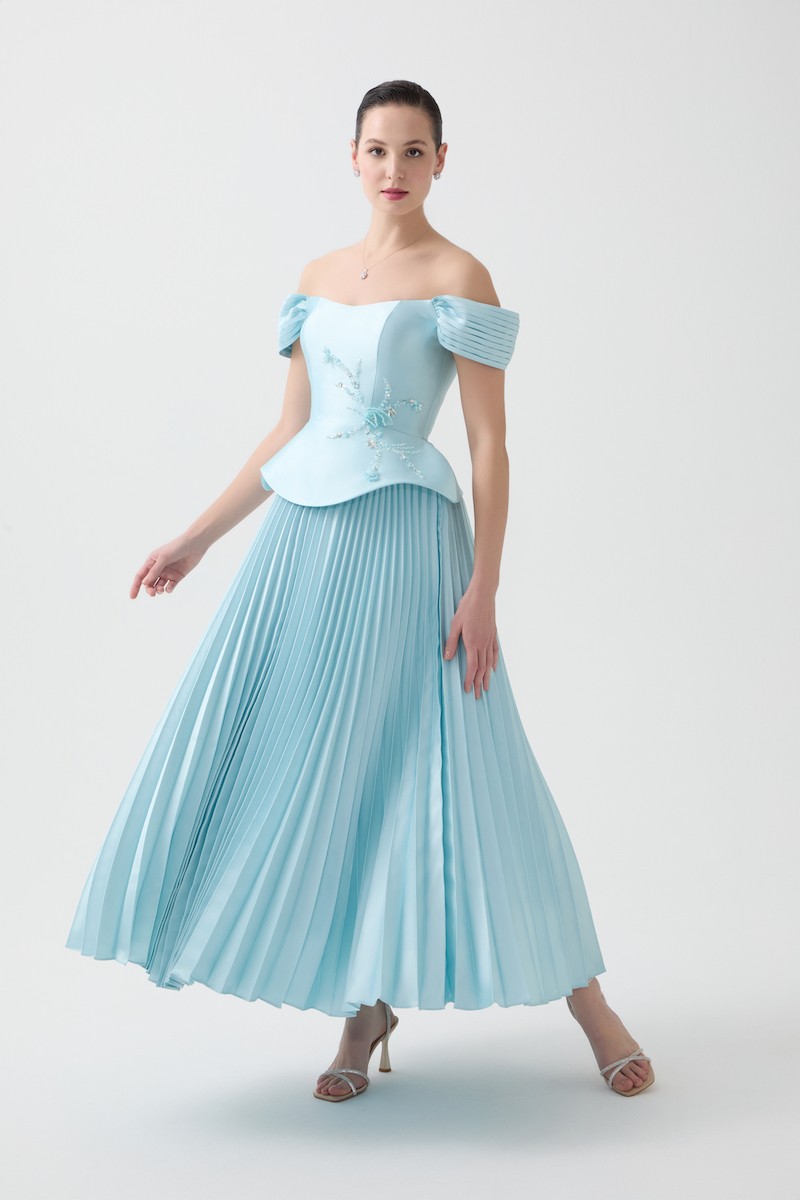 R117 - Boat Neckline, Off-Shoulder Sleeves, Corset Bodice, Peplum Waist, Hand-Embroidered Front Details, Pleated Skirt, Maxi-Length Dress