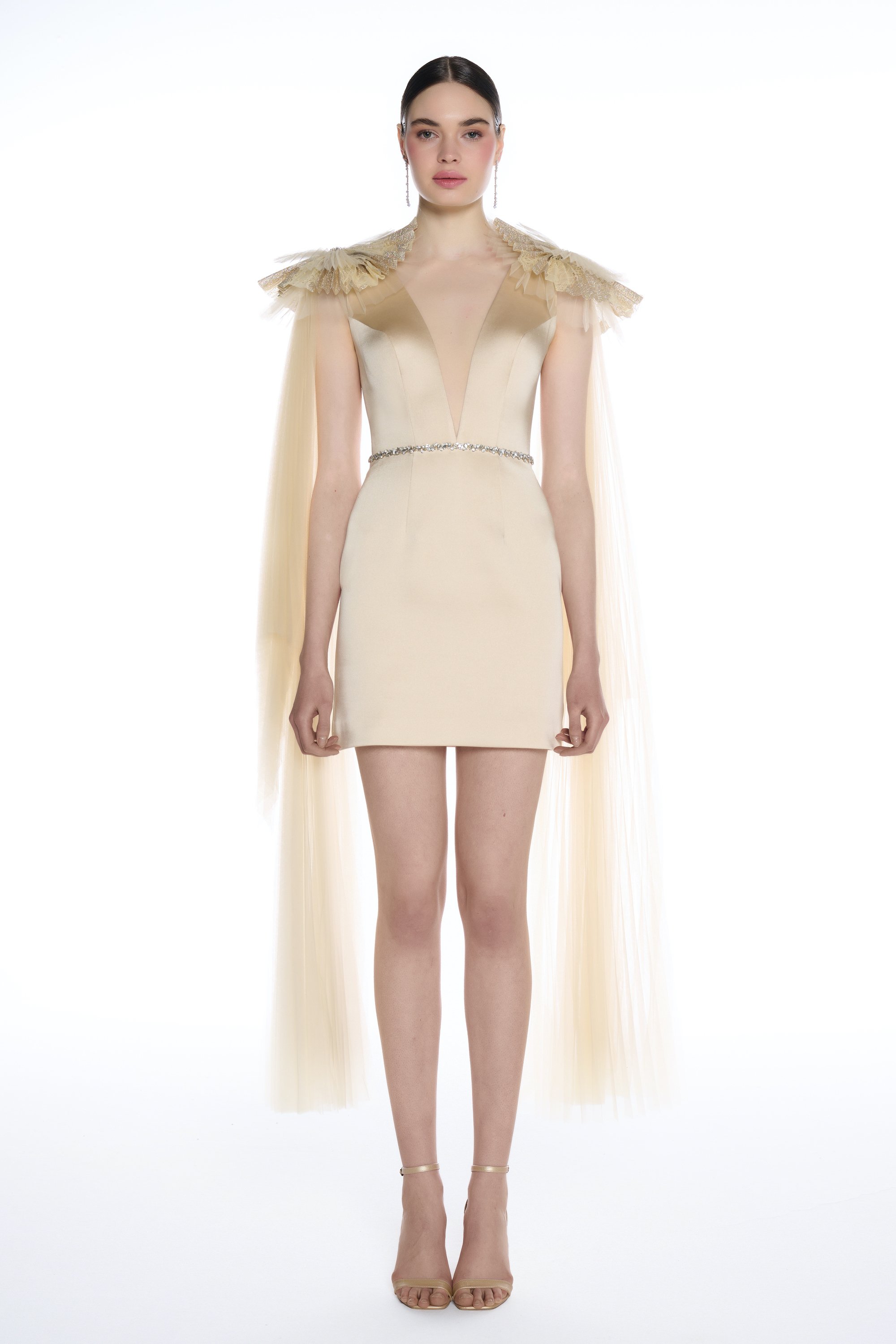 R36 - Deep V-Neckline, Puffed Shoulders, Waist Adorned with Stone Embroidery, Mini Dress