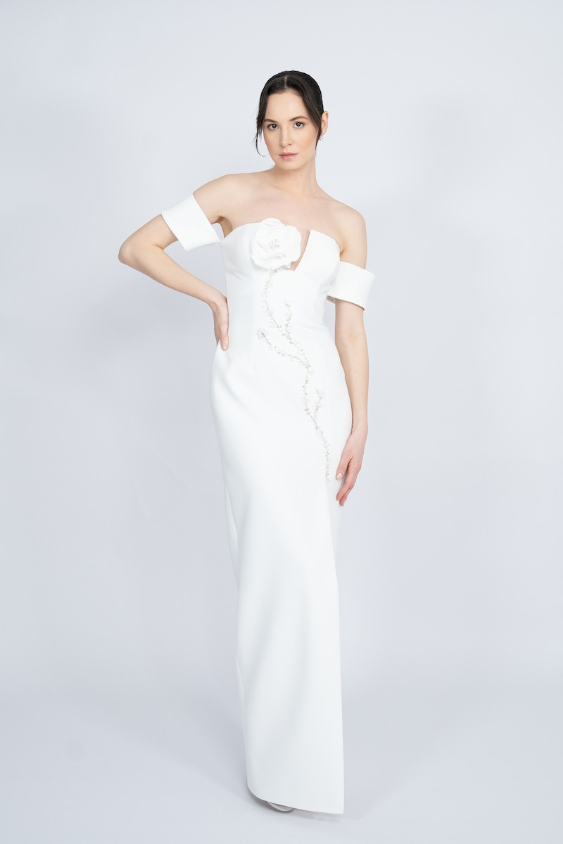 R57 - Off-Shoulder, V-Neckline, Front Slit, Handmade Floral Detail, Hand-Embellished, Straight Cut, Long Dress