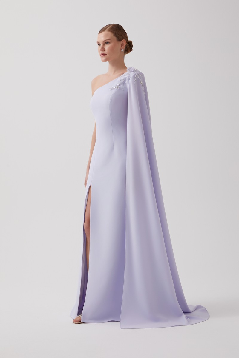 R123 - One-Shoulder, Shoulder Cape, Padded, Hand-Embroidered Shoulder Details, Front Slit, Mermaid Cut, Full-Length Dress