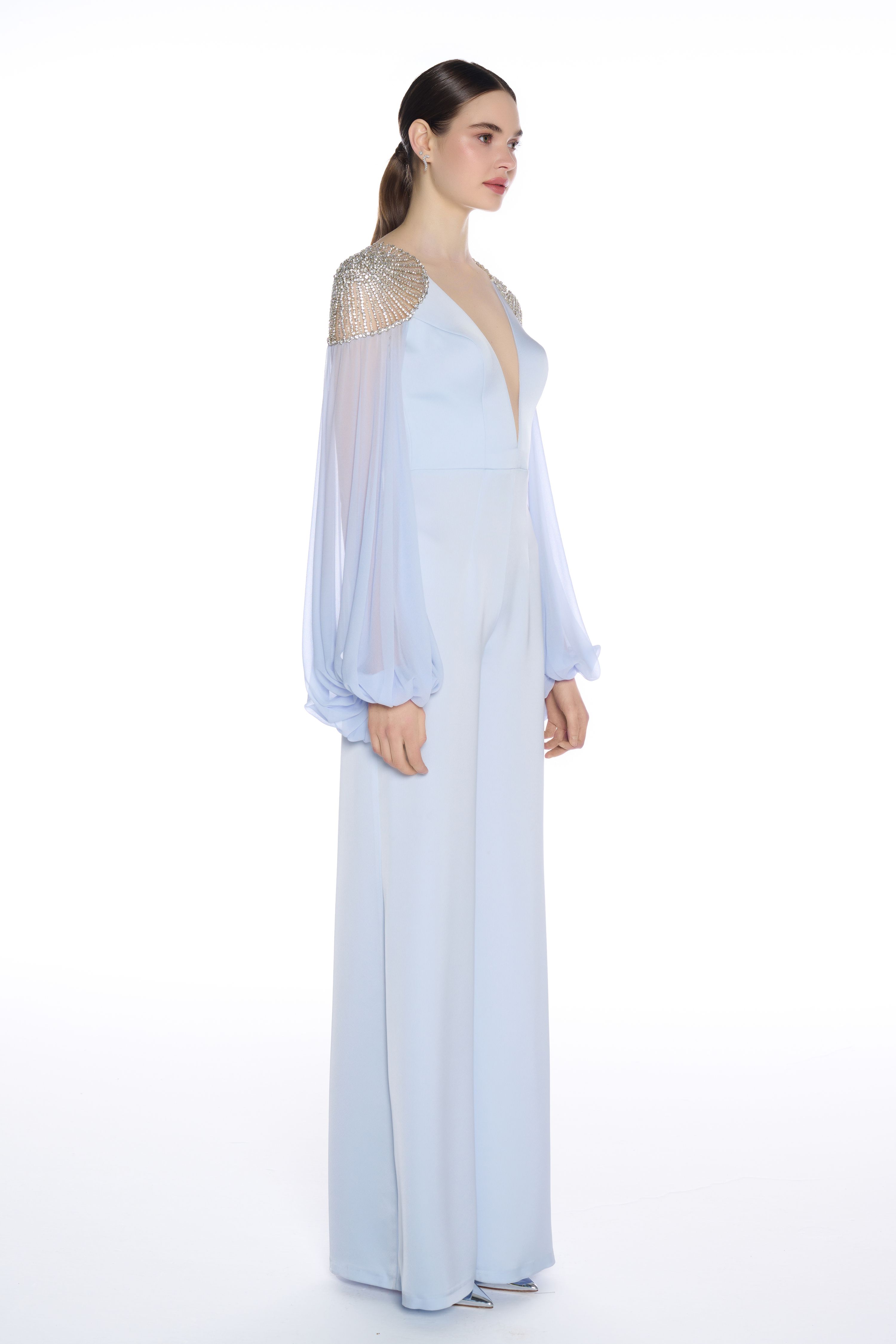 R20 - Deep V-Neckline, Swarovski Stone Hand-Embroidered Shoulders, Silk Chiffon Balloon Sleeves, Wide Leg Jumpsuit