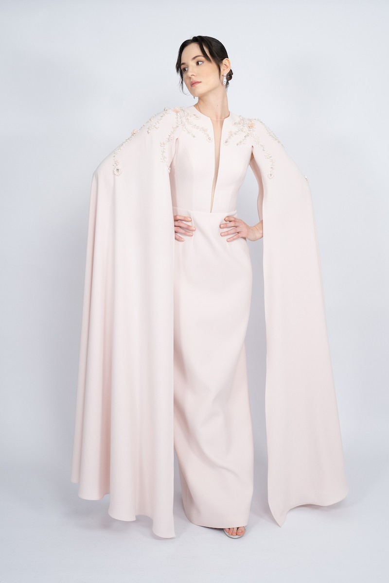 R49 - Straight Cut with Cape, Deep Neckline, Hand-Embroidered Shoulders, Slit at the Back, Long Dress