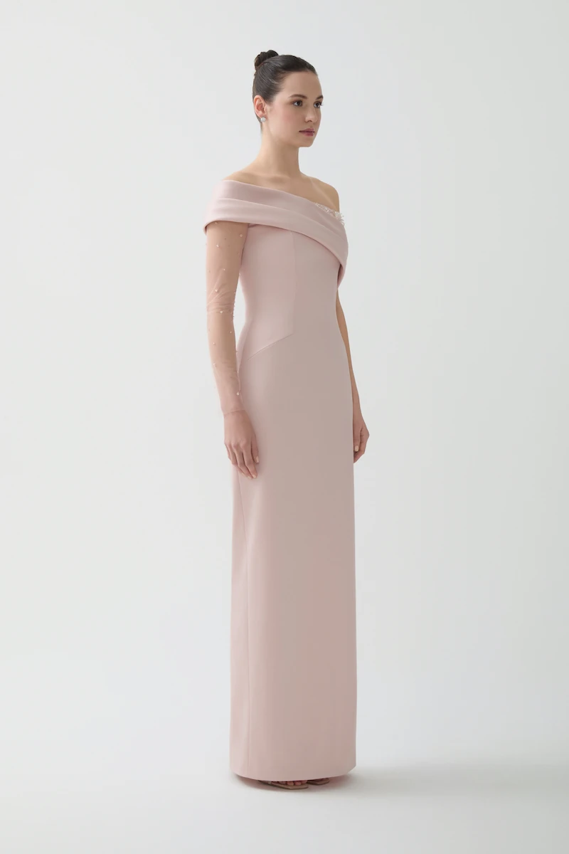 R130 - Asymmetrical One-Shoulder, Sheer Single Sleeve, Hand-Embroidered, Back Slit, Straight Cut, Full-Length Dress