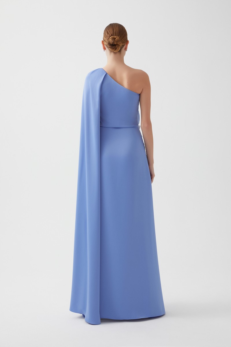 R113 - One Shoulder, Side Pleat Detail, Cape on Shoulder, Hand-Embroidered Front, Loose Fit, Full-Length Dress