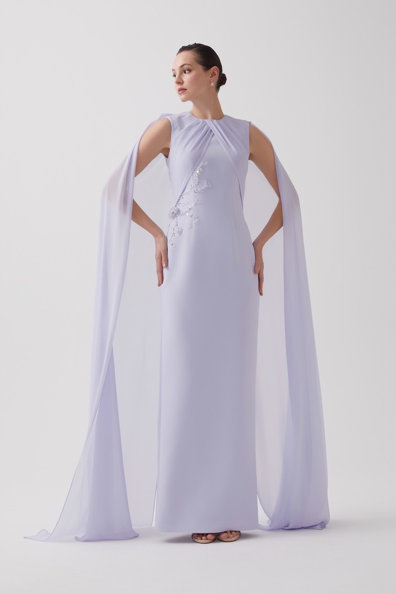 R105 - Crew Neckline, Front Chiffon Pleats, Chiffon Cape at the Back, Hand-Embroidered Front Details, Back Slit, Straight Cut, Full-Length Dress