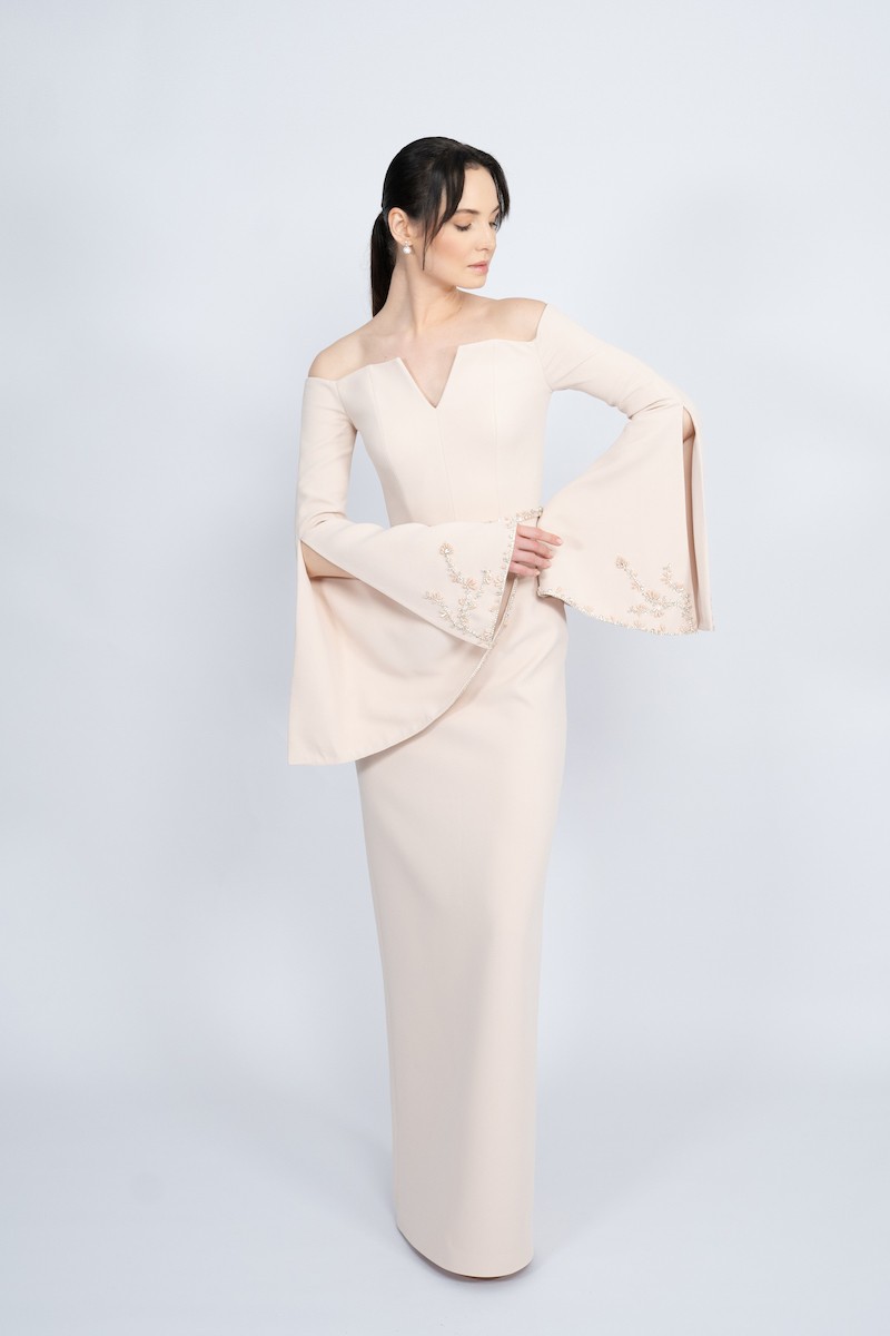 R54 - Off-Shoulder, V-Neckline, Spanish Sleeve, Sleeves with Slit and Embellishment, Detachable Embellished Belt, Back Slit, Straight Cut, Long Dress