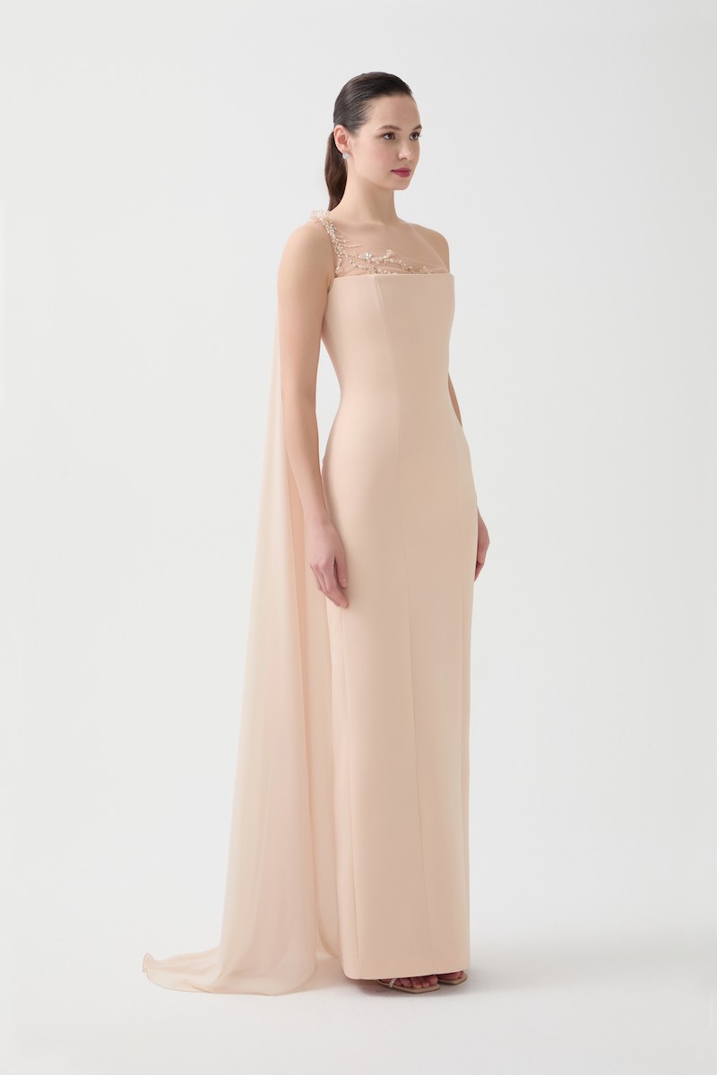 R97 - Strapless Structured Bodice, Sheer Hand-Embroidered Single Shoulder, Chiffon Cape on One Shoulder, Back Slit, Fitted Cut, Full-Length Dress