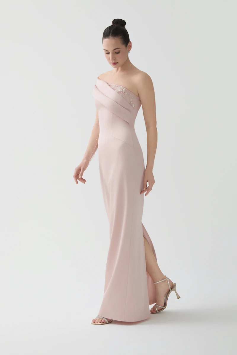 R130 - Asymmetrical One-Shoulder, Sheer Single Sleeve, Hand-Embroidered, Back Slit, Straight Cut, Full-Length Dress