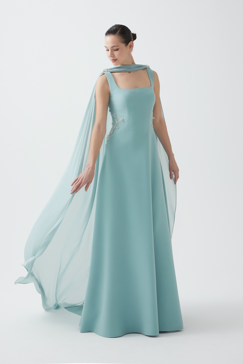 R86 - Square Neckline, Removable Chiffon Cape on the Shoulder, Hand-Embroidered Waist Detail, A-Line, Full-Length Dress