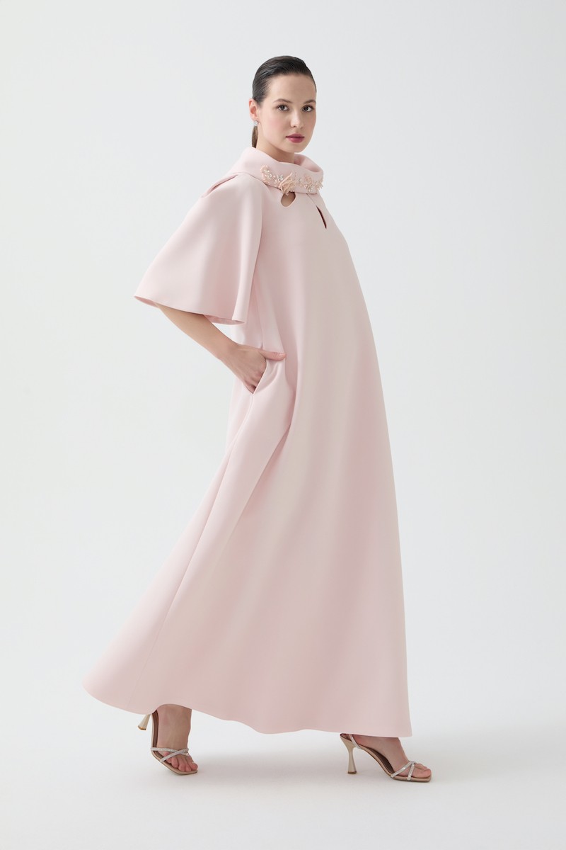 R84 - Ruffled Sleeves, Hand-Embroidered High Collar, Front Keyhole Cut-Out, Loose Fit, Pockets, Full-Length Dress