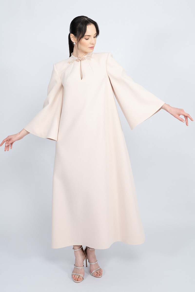 R62 - Padded Shoulders, Bicycle Collar, Keyhole Neckline, Hand-Embroidered, Ruffle Sleeves, A-line, Long Dress