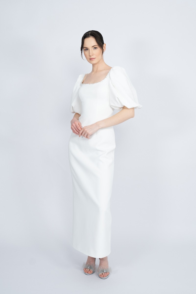 R69 - Balloon Sleeve, U-Neck, Hand-Embroidered, Back Slit, Maxi Dress