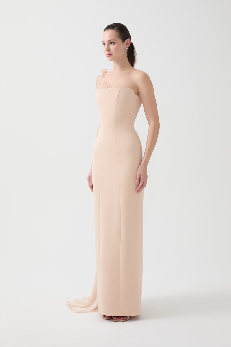 R97 - Strapless Structured Bodice, Sheer Hand-Embroidered Single Shoulder, Chiffon Cape on One Shoulder, Back Slit, Fitted Cut, Full-Length Dress