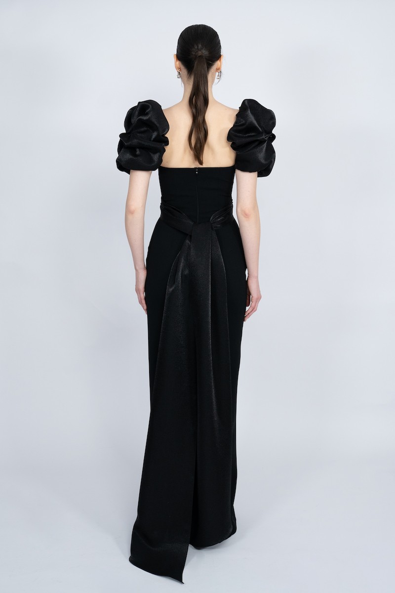 R55 - Balloon Sleeve, V-Neckline, Waistband from Bust to Back, Embellished, Back Slit, Straight Cut, Long Dress