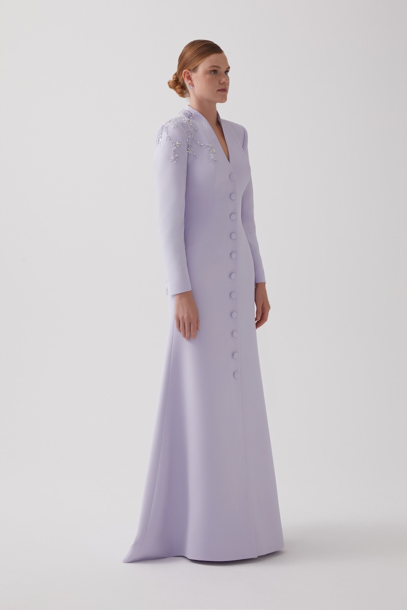 R121 - High V-Neckline, Padded Shoulders, Front Buttoned, Front Slit, Hand-Embroidered Shoulder Details, Short Train at the Back, Mermaid Cut, Full-Length Blazer Dress