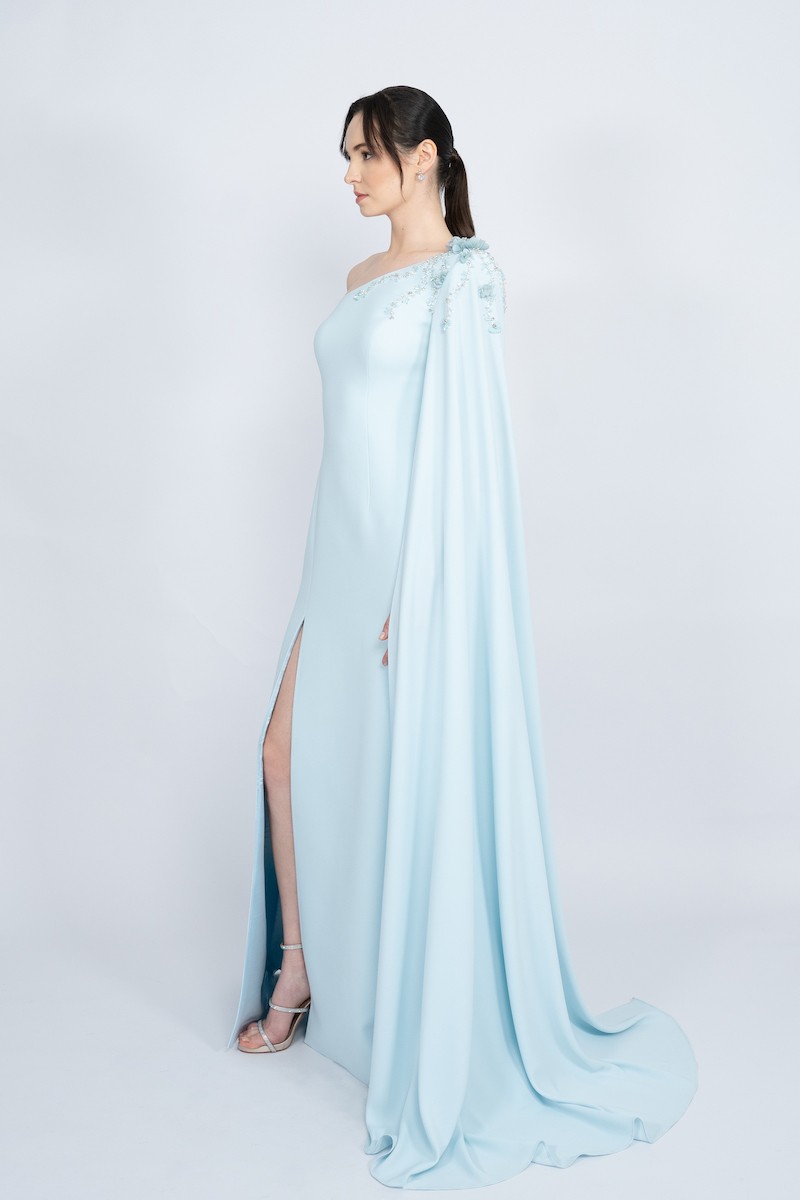 R59 - One Shoulder, Long Cape Shoulder, Padded, Front Slit, Hand-Embroidered, Mermaid Cut, Long Dress