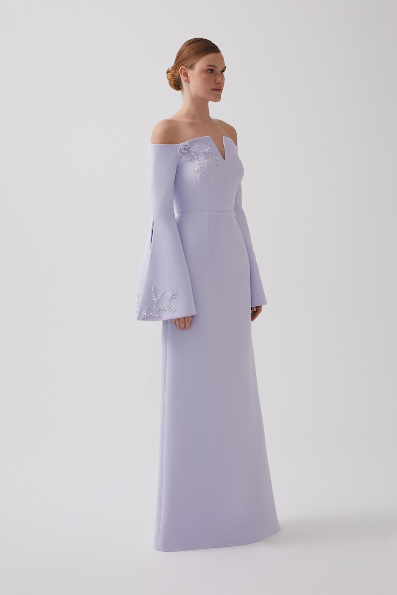 R120 - Off-Shoulder, V-Neckline, Bell Sleeves with Slits and Hand-Embroidered Details, Removable Hand-Embroidered Belt, Back Slit, A-Line, Full-Length Dress