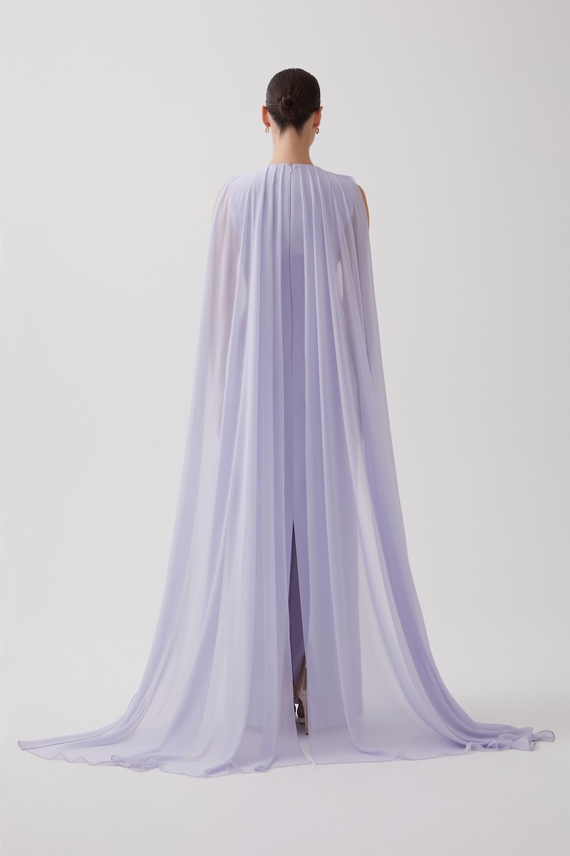 R105 - Crew Neckline, Front Chiffon Pleats, Chiffon Cape at the Back, Hand-Embroidered Front Details, Back Slit, Straight Cut, Full-Length Dress