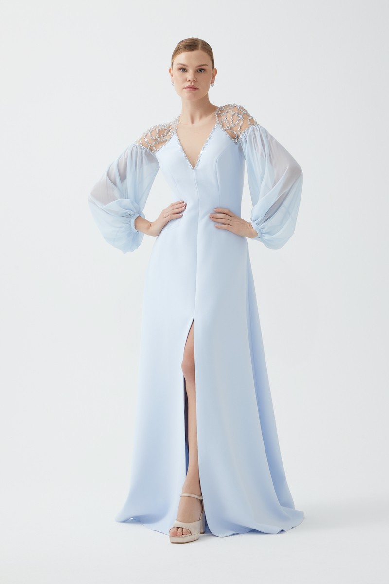 R89 - V-Neck, Chiffon Princess Sleeves, Sheer Shoulders with Hand Embroidery on Tulle, Front Slit, A-Line, Full-Length Dress