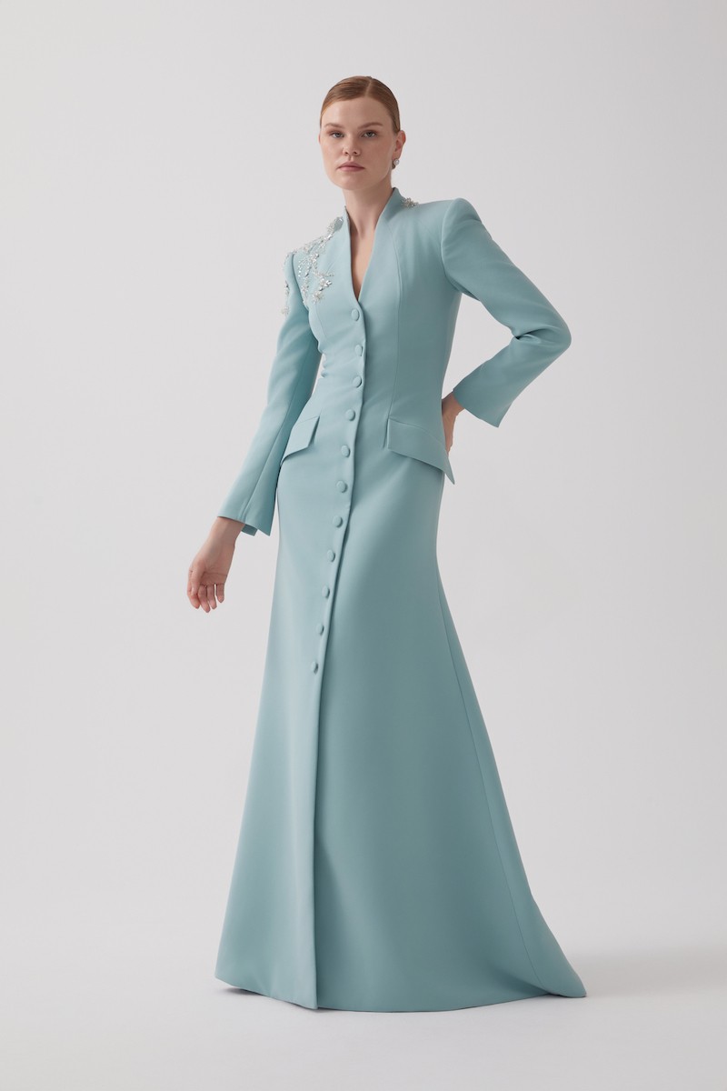 R121 - High V-Neckline, Padded Shoulders, Front Buttoned, Front Slit, Hand-Embroidered Shoulder Details, Short Train at the Back, Mermaid Cut, Full-Length Blazer Dress