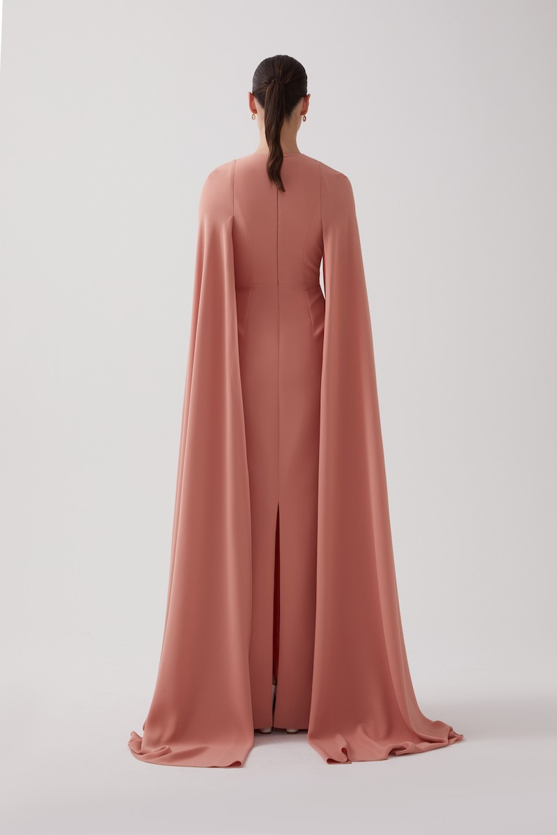 R102 - Deep V-Neckline, Long Cape Sleeves, Hand-Embroidered Front Detail, Back Slit, A-Line, Full-Length Dress