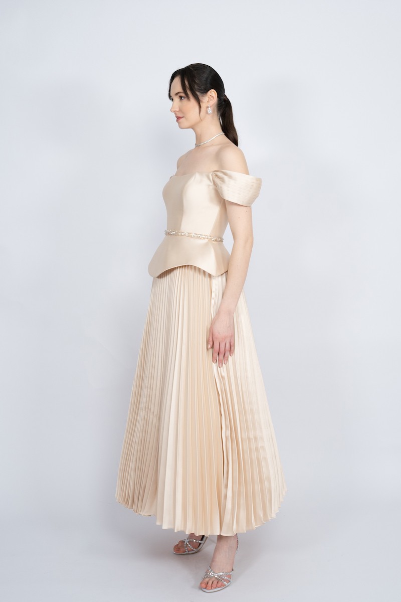 R52 - Boat Neck, Off-Shoulder, Corseted Bodice, Peplum Waist, Pleated Skirt, Detachable Embellished Belt, Maxi Dress