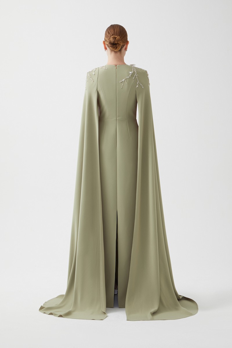 R118 - Deep V-Neckline, Long Cape Sleeves, Hand-Embroidered Front Detail, Back Slit, A-Line, Full-Length Dress