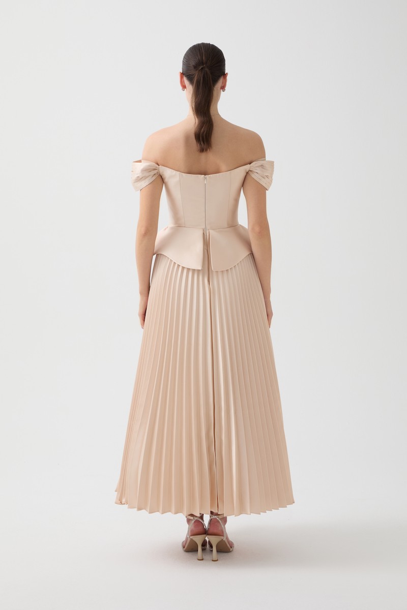 R117 - Boat Neckline, Off-Shoulder Sleeves, Corset Bodice, Peplum Waist, Hand-Embroidered Front Details, Pleated Skirt, Maxi-Length Dress