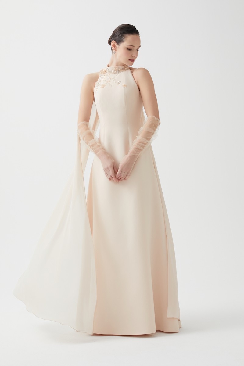 R98 - Halter Neckline, Backless Design, Chiffon Cape, Hand-Embroidered Neckline Details, A-Line, Full-Length Dress