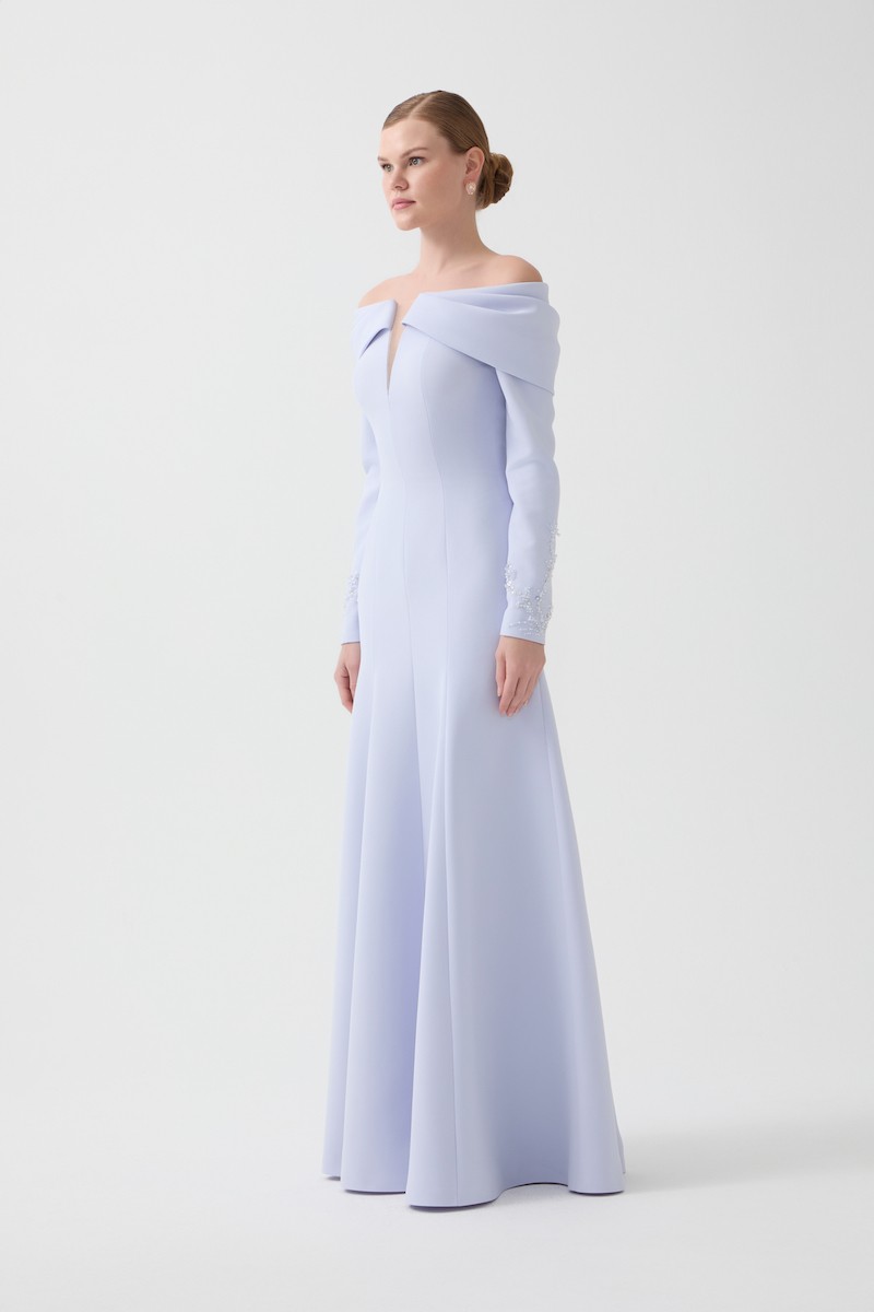 R104 - V-Neckline, Pleated Off-Shoulder, Long Sleeves, Hand-Embroidered Cuffs, Paneled Mermaid Cut, Full-Length  Dress