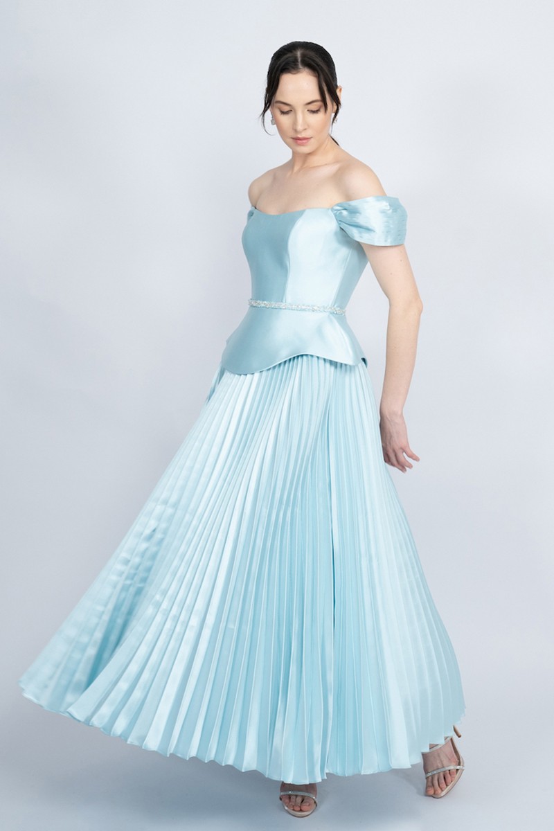 R52 - Boat Neck, Off-Shoulder, Corseted Bodice, Peplum Waist, Pleated Skirt, Detachable Embellished Belt, Maxi Dress