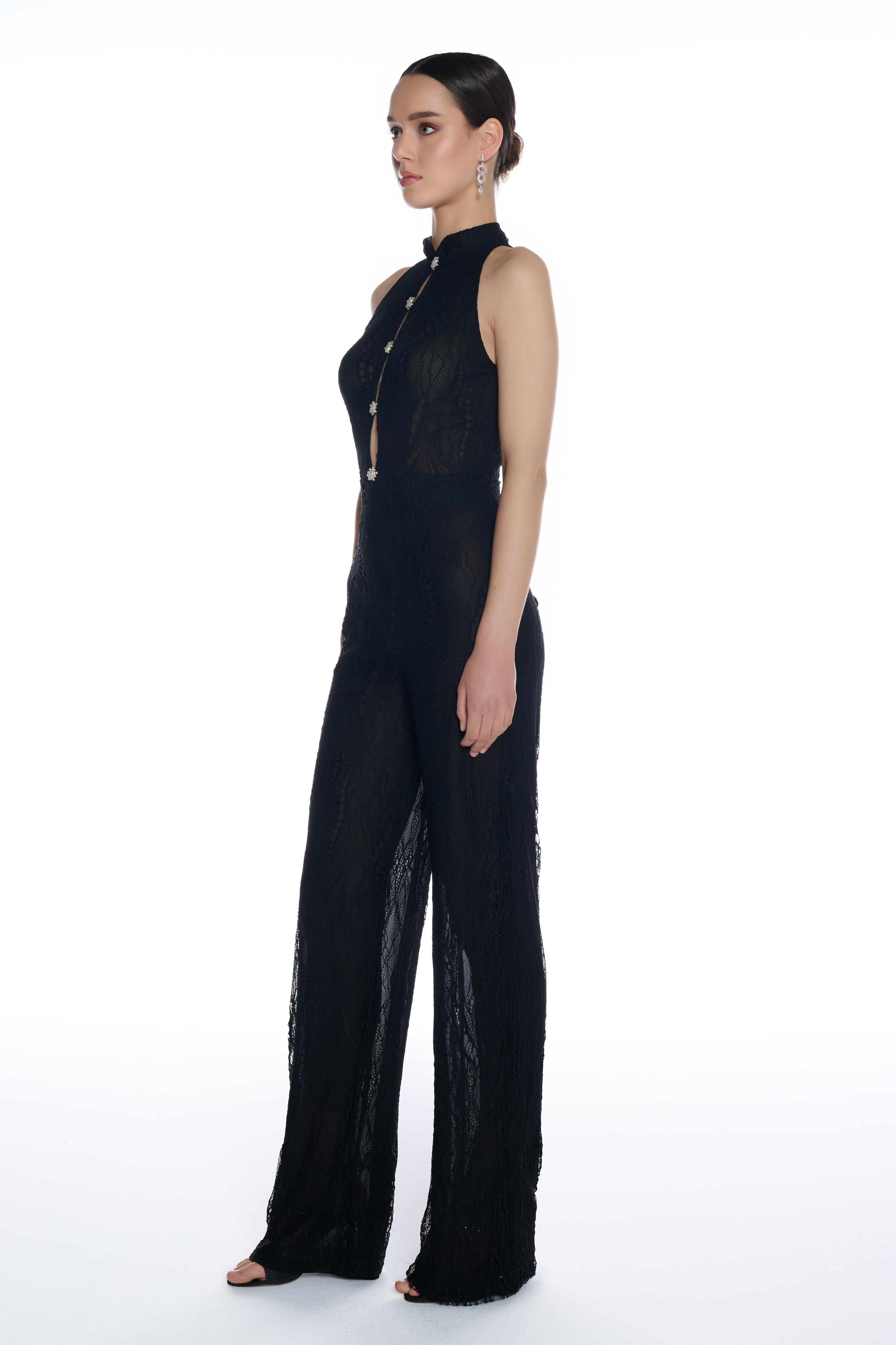 R12 - Mandarin Collar, Halter Shoulders, Front Keyhole with Drop Detail, Stone Button Accents, All Over Lace, Jumpsuit