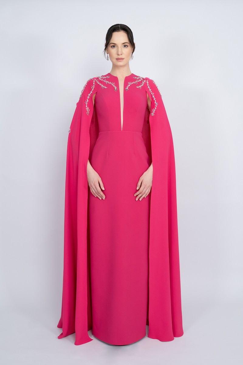 R49 - Straight Cut with Cape, Deep Neckline, Hand-Embroidered Shoulders, Slit at the Back, Long Dress