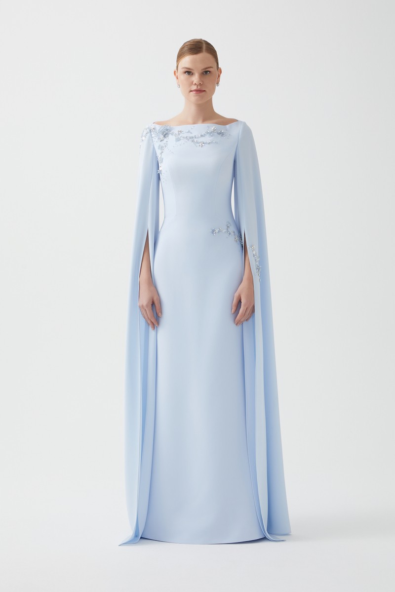 R100 - Boat Neckline, Hand-Embroidered Shoulder and Waist Details, Dramatic Long Cape Sleeves, Back Slit, Mermaid Cut, Full-Length Dress