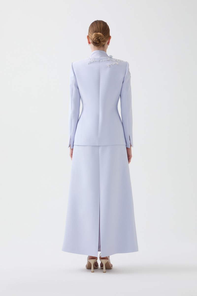 R116 - High V-Neckline, Padded Shoulders, Long Sleeves, Embroidered Shoulder Details, Fabric-Covered Front Buttons, A-Line Cut, Two-Piece Suit