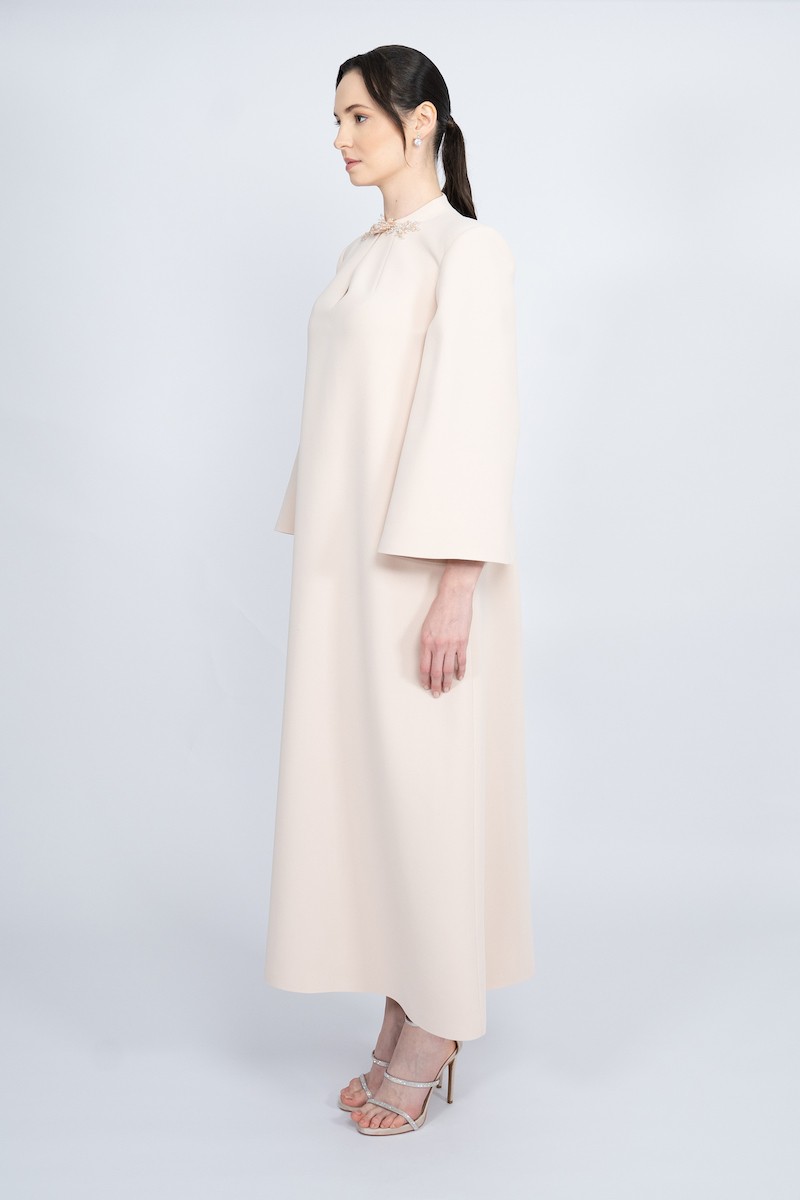 R62 - Padded Shoulders, Bicycle Collar, Keyhole Neckline, Hand-Embroidered, Ruffle Sleeves, A-line, Long Dress