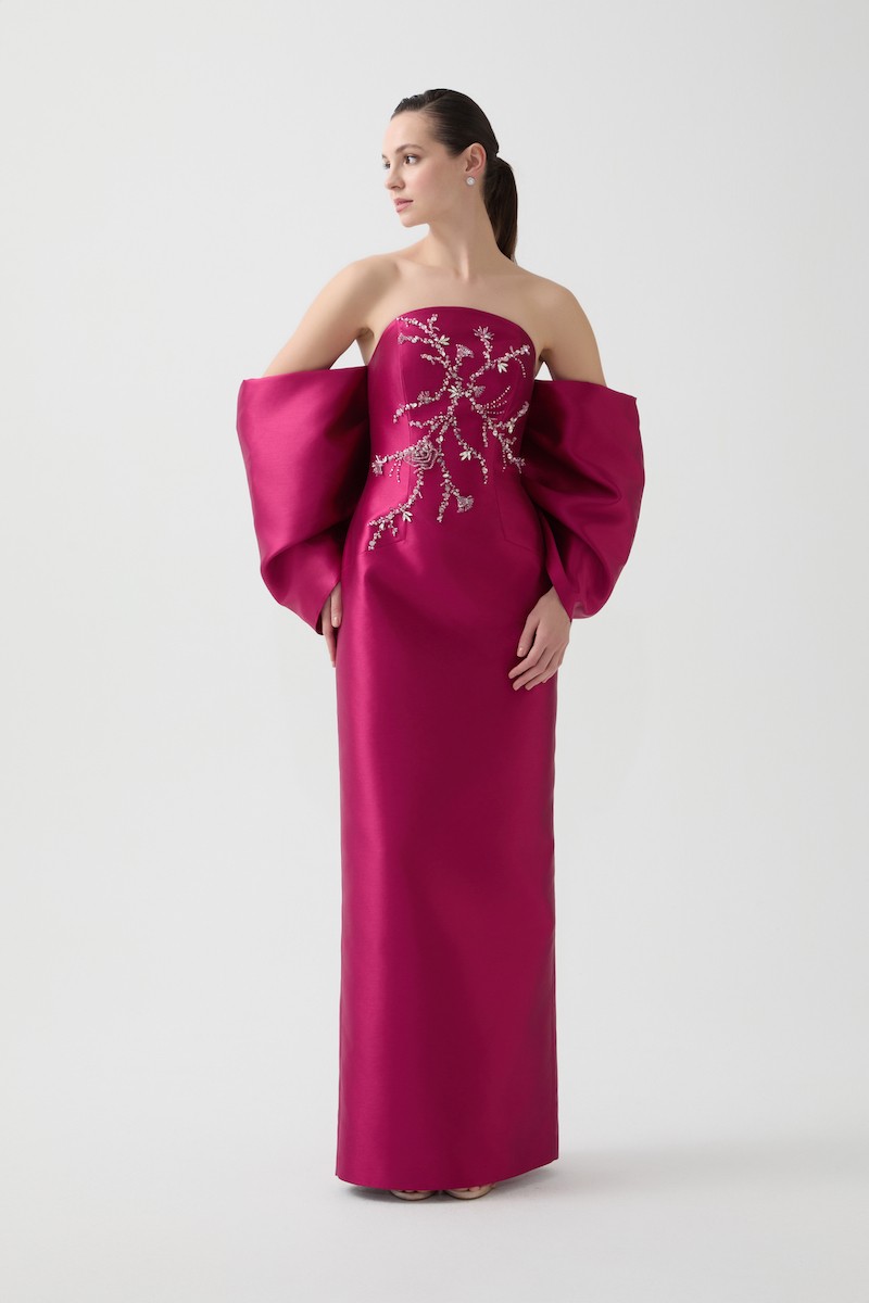 R109 - Strapless, Bow Sleeves, Hand-Embroidered Front Detail, Straight Cut, Back Slit, Full-Length Dress