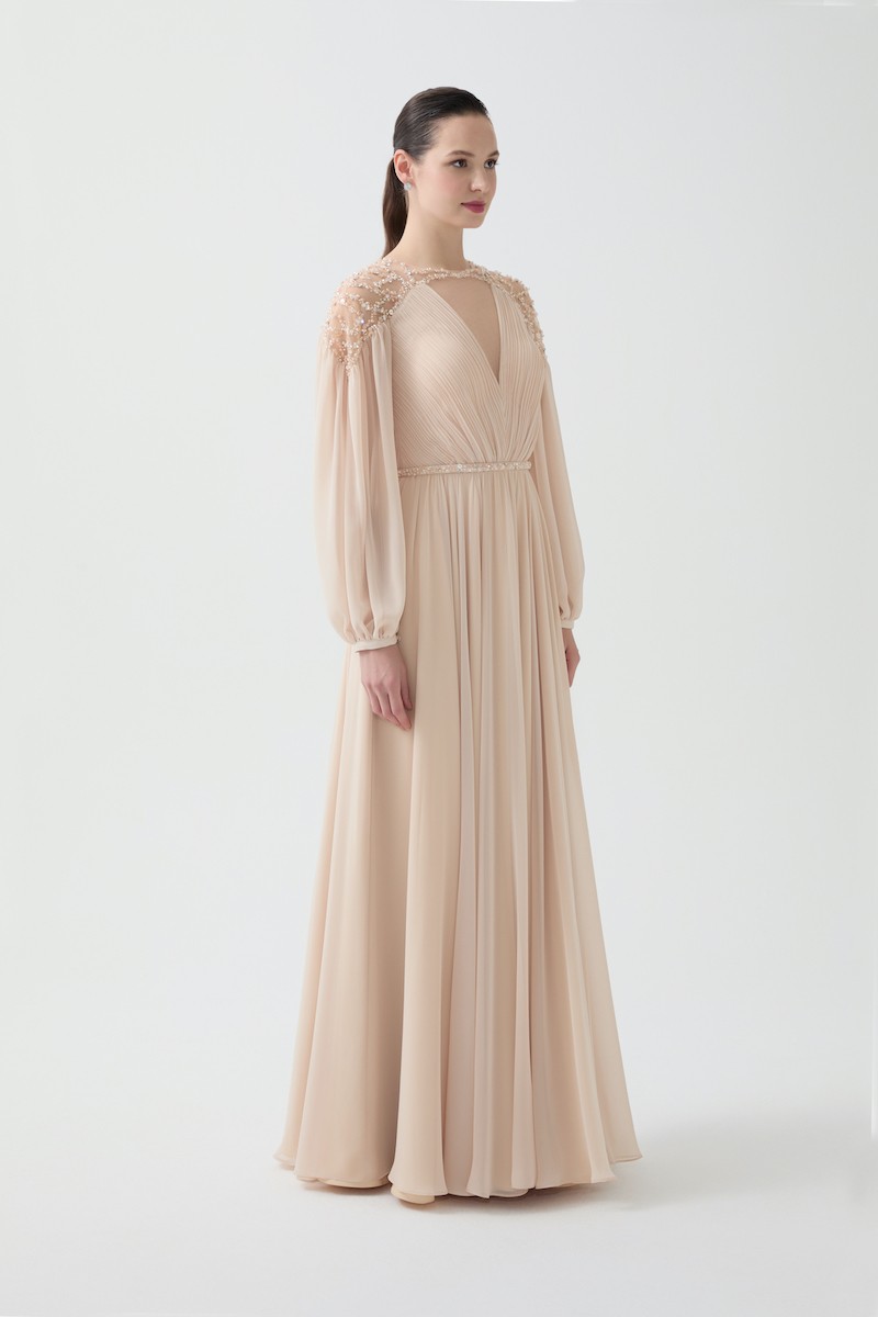 R92 - V-Neckline, Sheer Hand-Embroidered Shoulders, Chiffon Princess Sleeves, Wrinkled Pleats, Gathered Waist, Removable Hand-Embroidered Belt, Flared Cut, Full-Length Dress