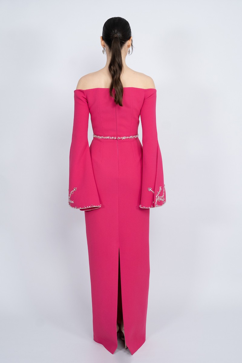 R54 - Off-Shoulder, V-Neckline, Spanish Sleeve, Sleeves with Slit and Embellishment, Detachable Embellished Belt, Back Slit, Straight Cut, Long Dress