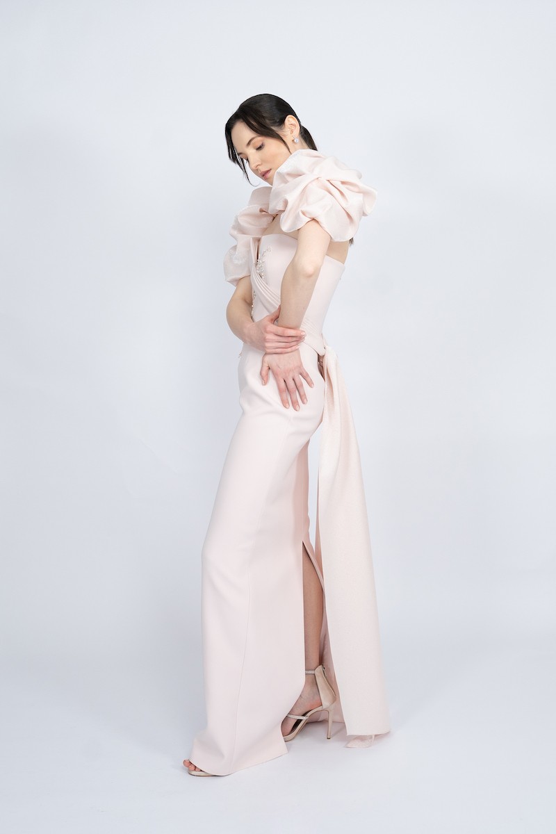 R55 - Balloon Sleeve, V-Neckline, Waistband from Bust to Back, Embellished, Back Slit, Straight Cut, Long Dress