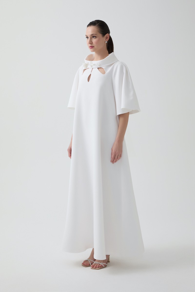 R84 - Ruffled Sleeves, Hand-Embroidered High Collar, Front Keyhole Cut-Out, Loose Fit, Pockets, Full-Length Dress