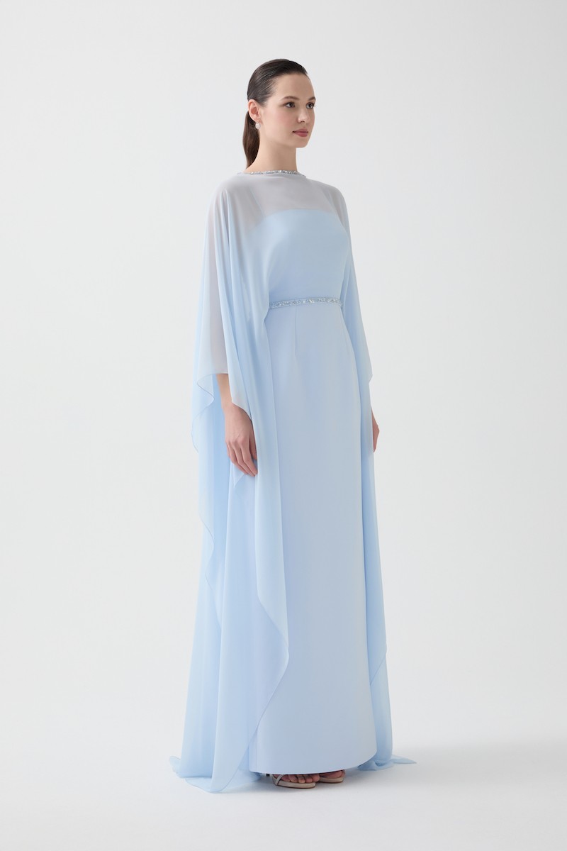 R112 - Thin-Strap Inner Dress, Chiffon Outer Dress with Boat Neckline, Hand-Embroidered Neckline, Batwing Sleeves, Removable Hand-Embroidered Belt, Chiffon Cape Back, Back Slit, Straight Cut, Full-Length Dress