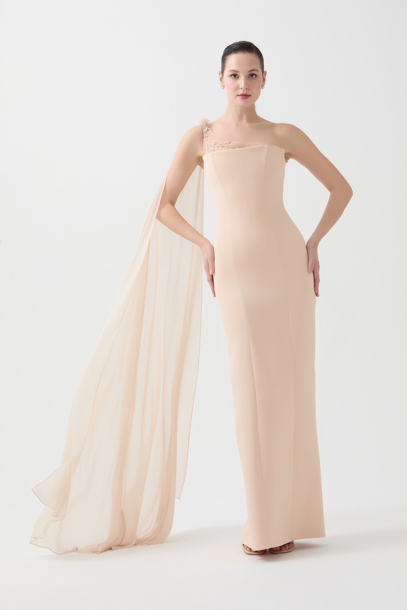 R97 - Strapless Structured Bodice, Sheer Hand-Embroidered Single Shoulder, Chiffon Cape on One Shoulder, Back Slit, Fitted Cut, Full-Length Dress