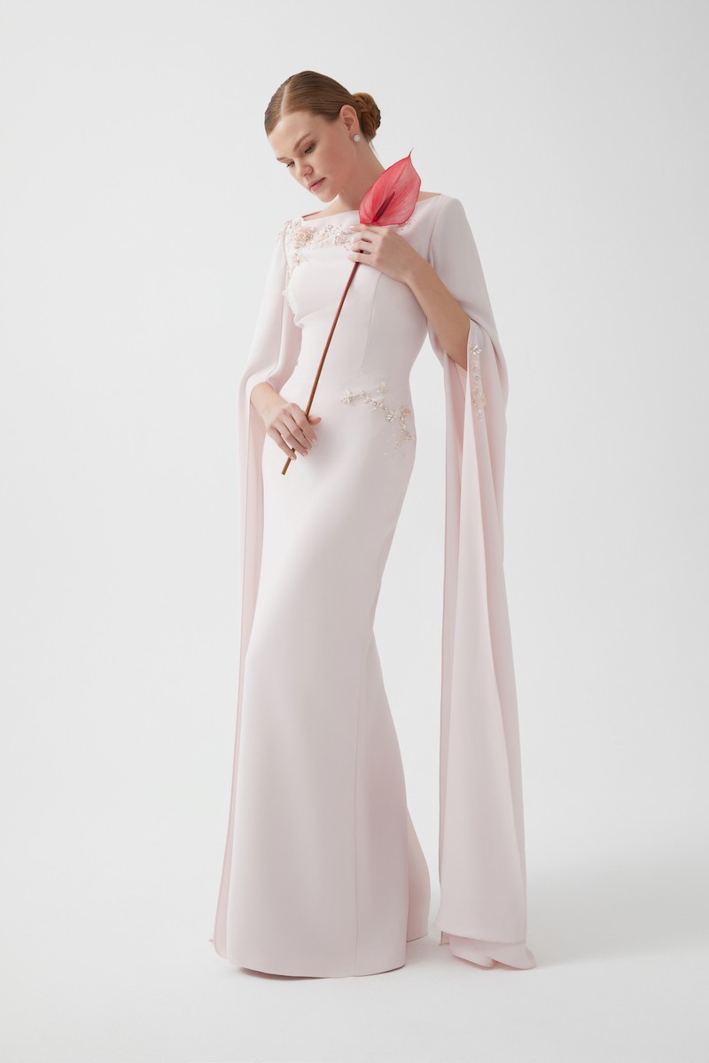 R100 - Boat Neckline, Hand-Embroidered Shoulder and Waist Details, Dramatic Long Cape Sleeves, Back Slit, Mermaid Cut, Full-Length Dress