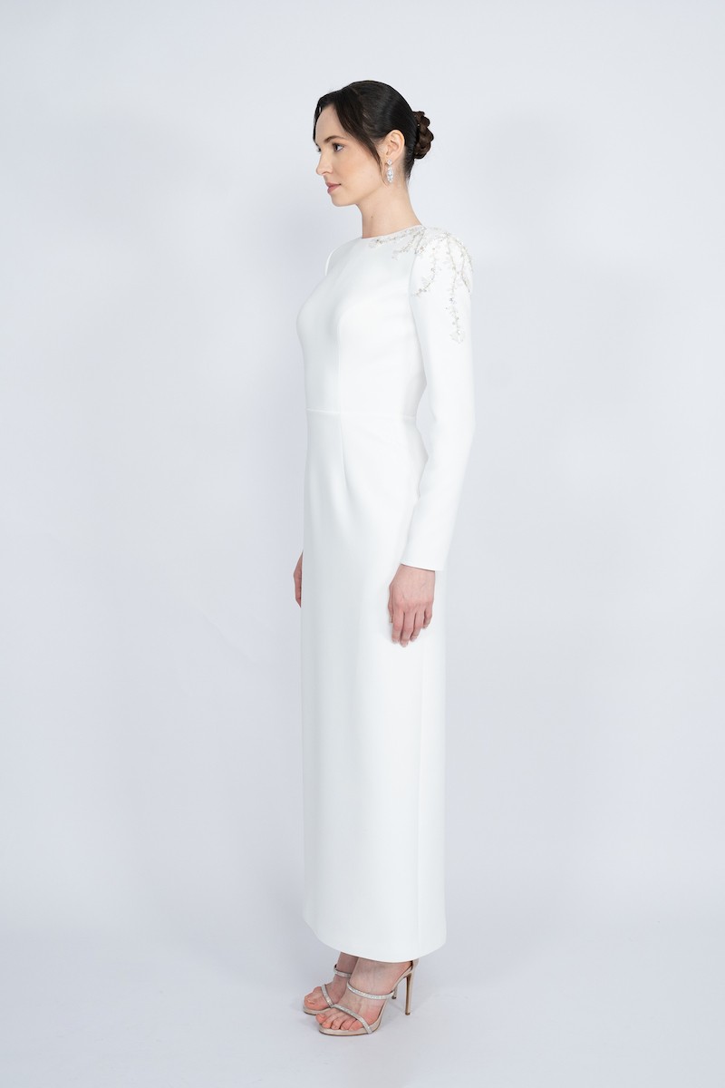 R48 - Straight Cut, Padded Shoulders, Crew Neck, Low Back, Hand Embroidered Shoulders and Sleeves, Slit at the Back, Maxi Dress