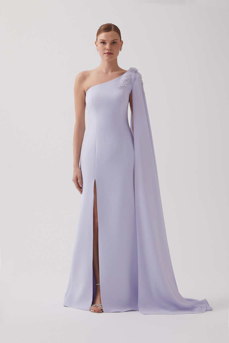 R123 - One-Shoulder, Shoulder Cape, Padded, Hand-Embroidered Shoulder Details, Front Slit, Mermaid Cut, Full-Length Dress